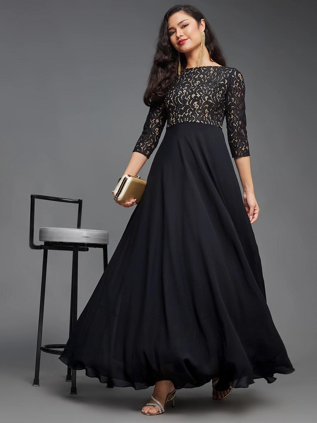 Light Volume Women's Black Boat Neck Three-Quarter Sleeve Self-Designed Fit and Flare Georgette Maxi Dress