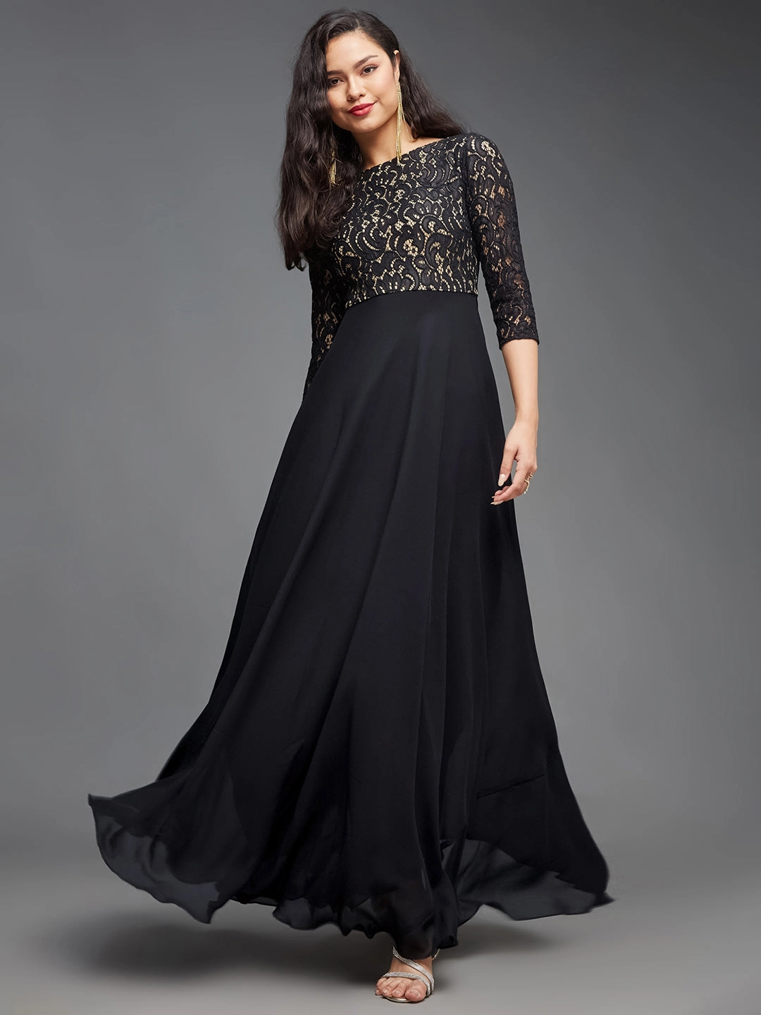 Women's Black Boat Neck Three-Quarter Sleeve Self-Designed Fit and Flare Georgette Maxi Dress Profile Enhancer