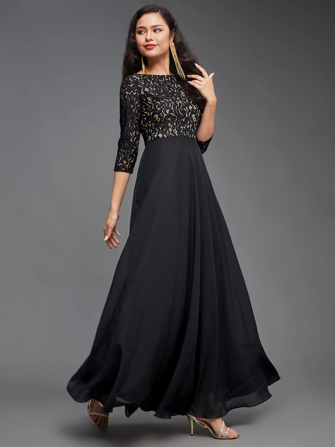 Feminine Touch Women's Black Boat Neck Three-Quarter Sleeve Self-Designed Fit and Flare Georgette Maxi Dress