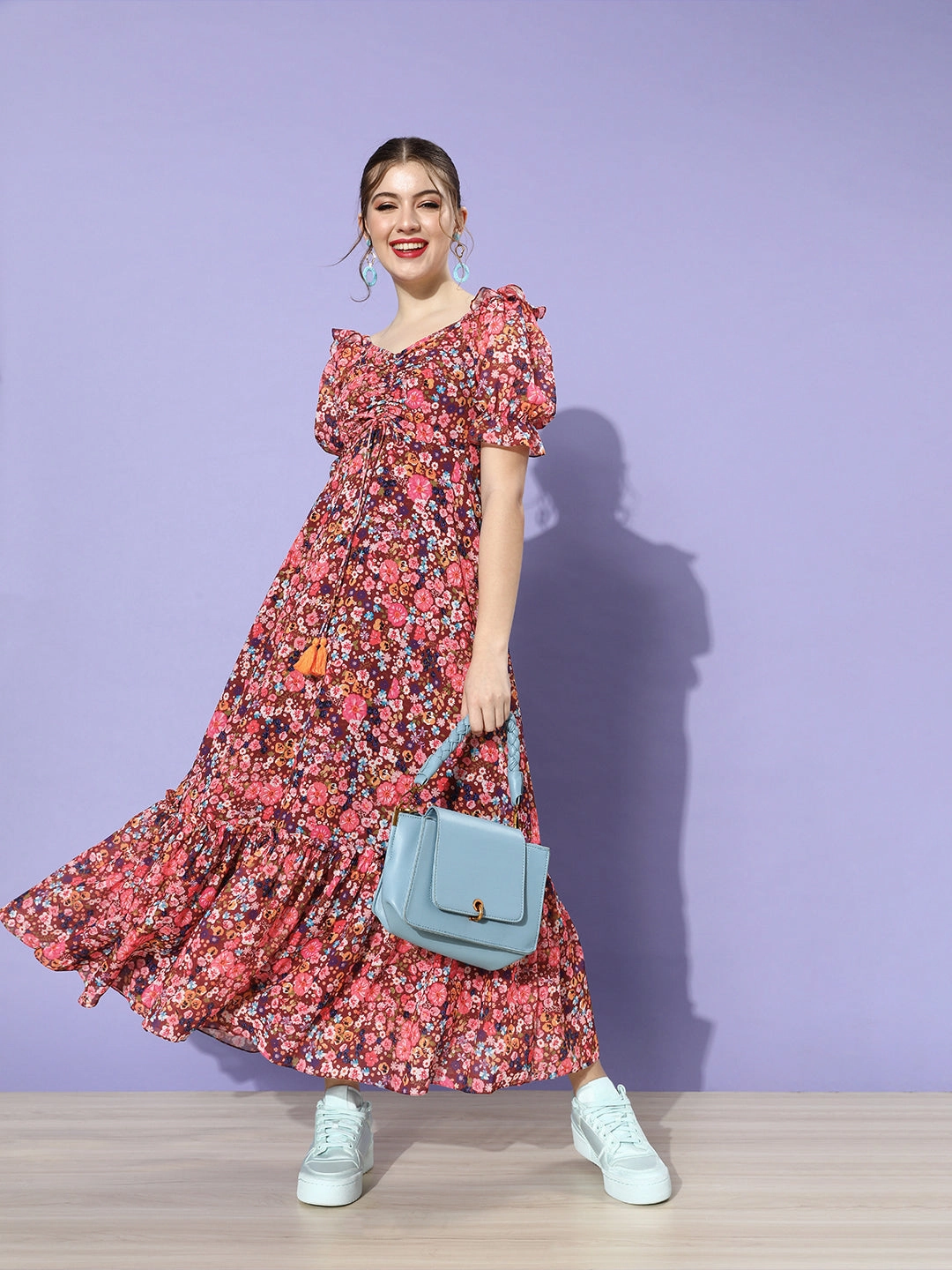 solo wear Romantic Bloom Women's Multicolored-Base-Wine V-Neck Puff Sleeve Floral Ruching Ankle-Length Dress