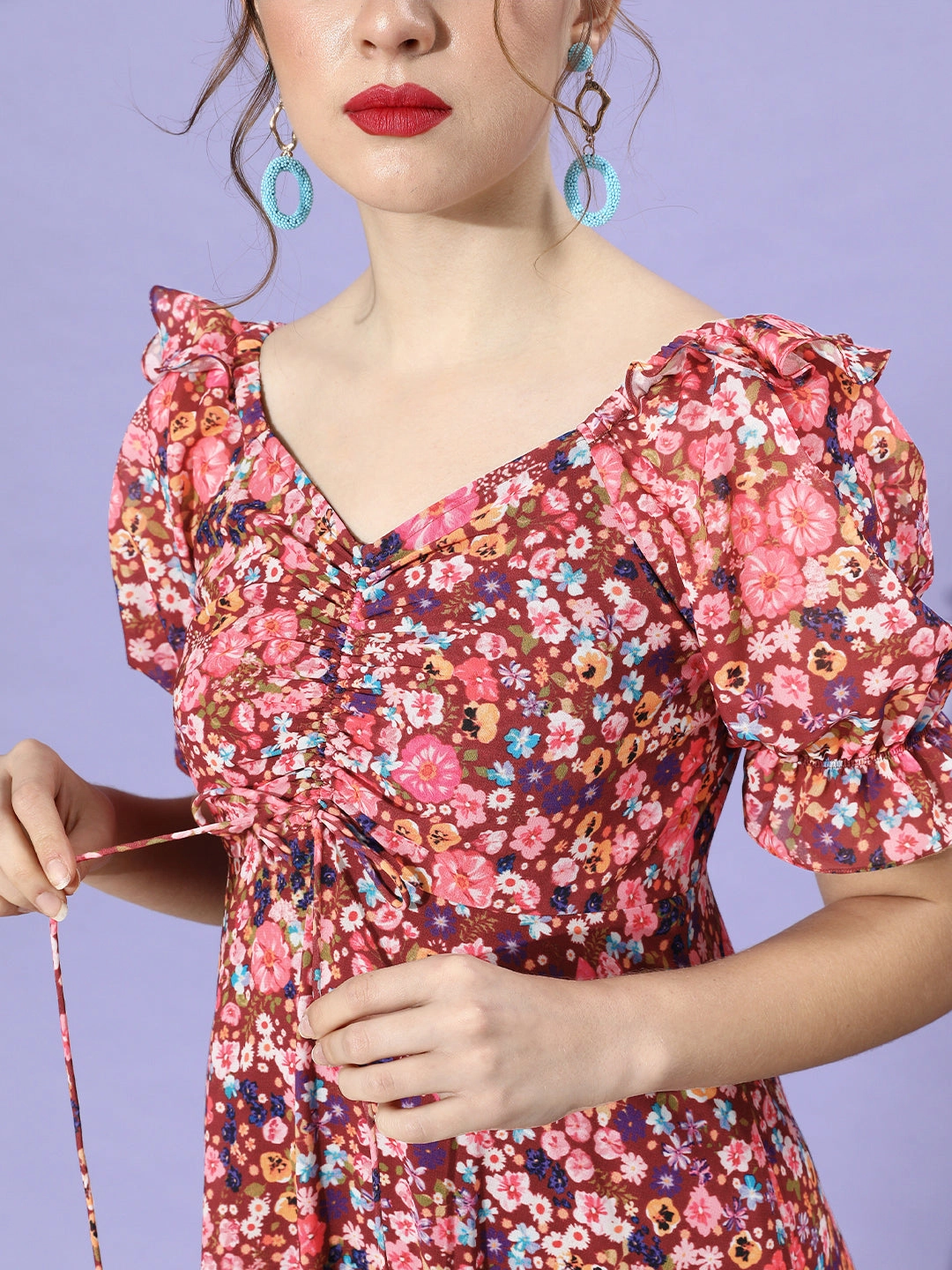 Versatile Layers Flap-Detail Women's Multicolored-Base-Wine V-Neck Puff Sleeve Floral Ruching Ankle-Length Dress