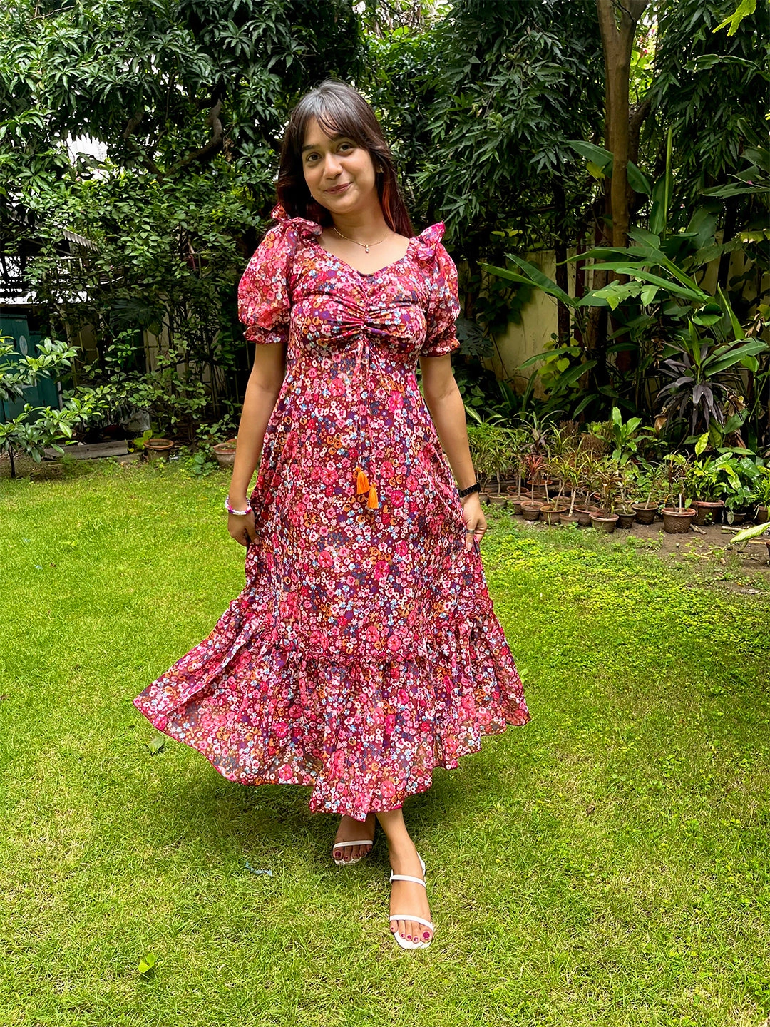 LowProfileZipper Playful Twist Women's Multicolored-Base-Wine V-Neck Puff Sleeve Floral Ruching Ankle-Length Dress