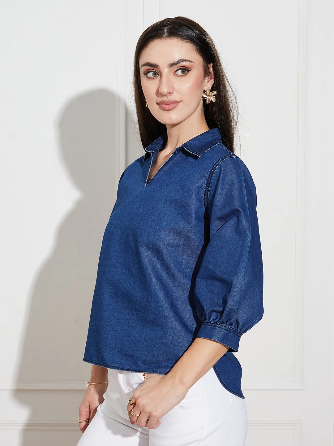 Smooth Shape Women's Dark Blue Collar-Neck Puff-Sleeve Solid-Colored Light Weight Denim Tunic Top