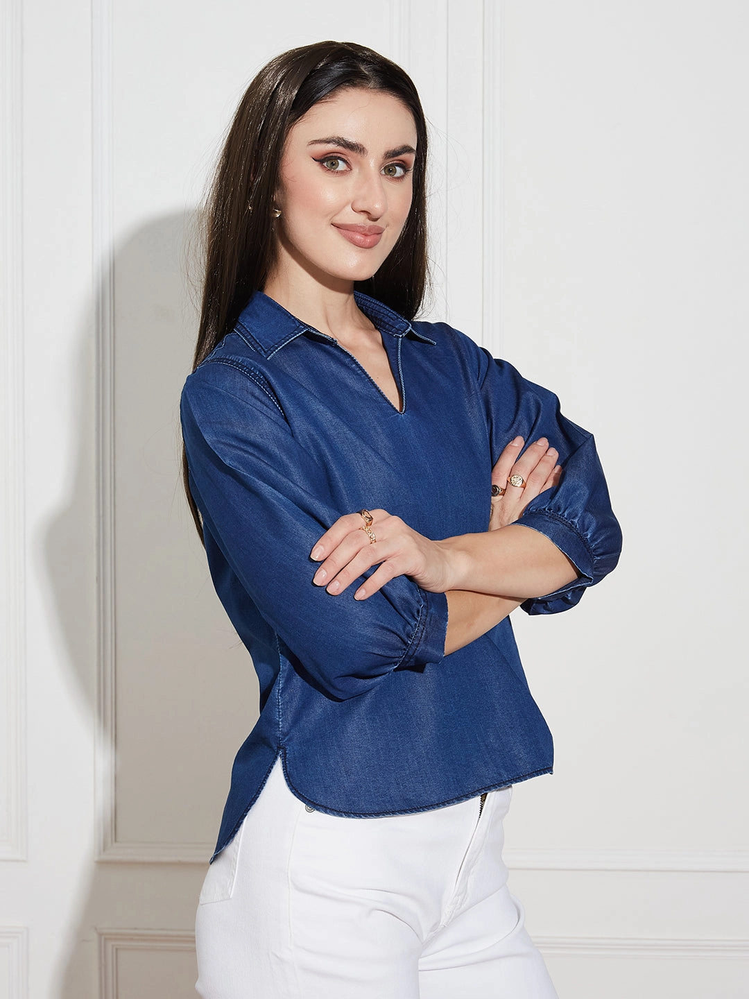 Women's Dark Blue Collar-Neck Puff-Sleeve Solid-Colored Light Weight Denim Tunic Top Travel Ready