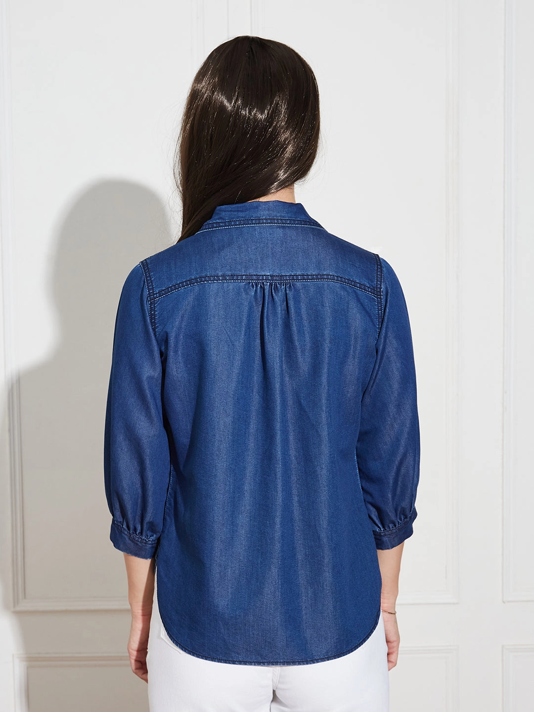 Soft Outfit Lace Detail Women's Dark Blue Collar-Neck Puff-Sleeve Solid-Colored Light Weight Denim Tunic Top