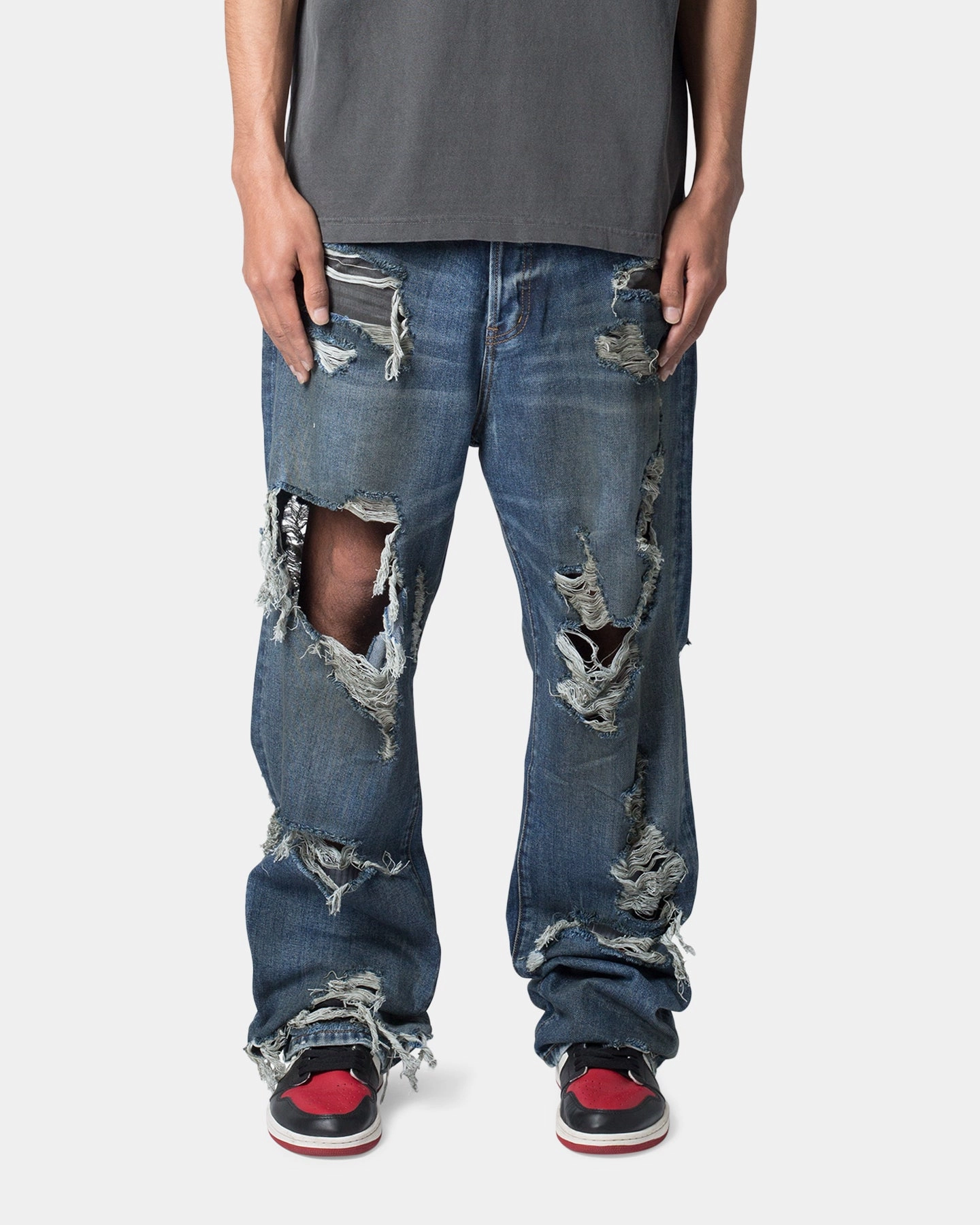 MNML Ultra Baggy Decimated Denim Jeans Blue Slim Waist
