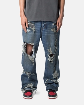 MNML Ultra Baggy Decimated Denim Jeans Blue Slim Waist