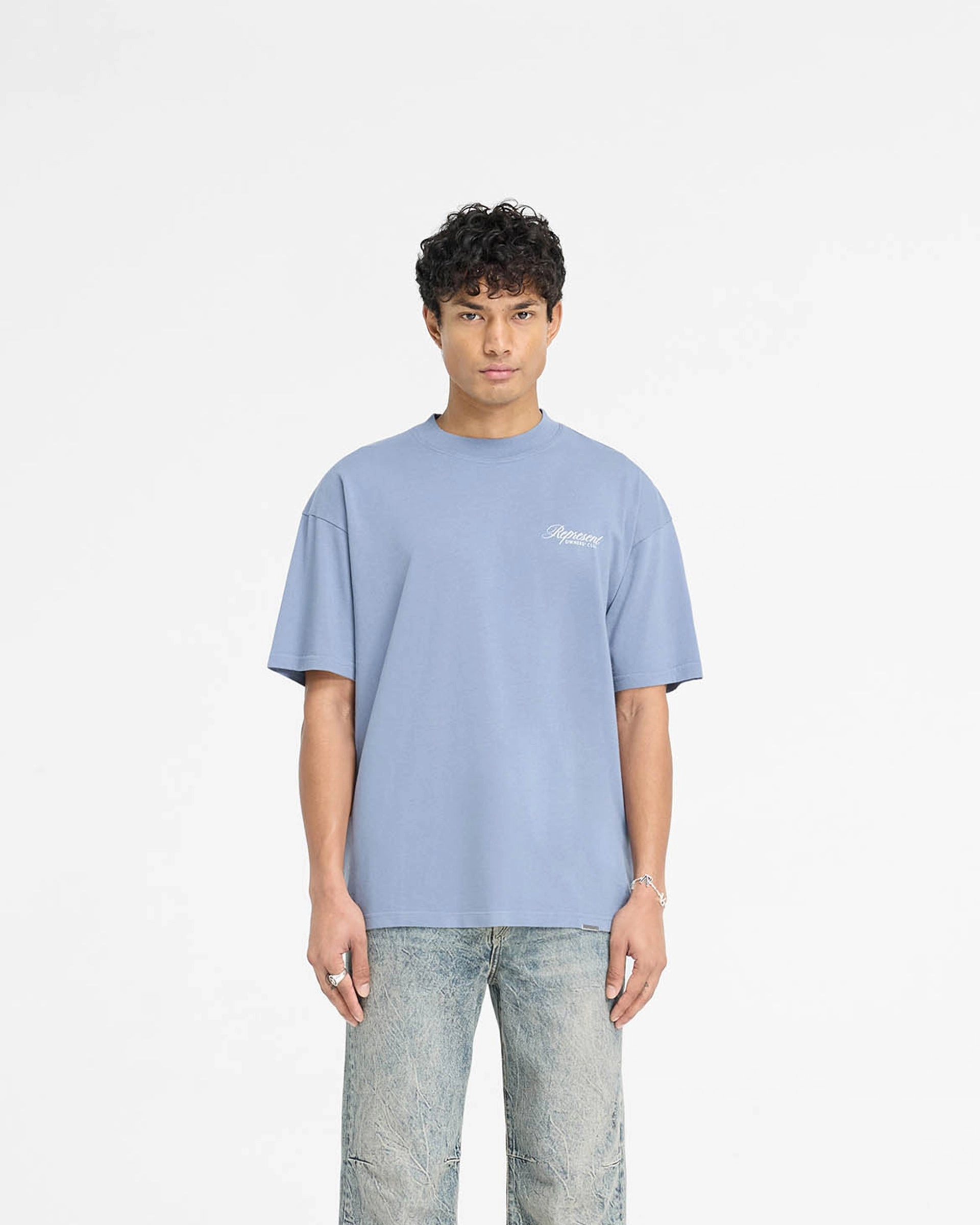 Represent Owners Club Script T-Shirt - Dusty Blue Sporty Layer Look All-Weather Wear
