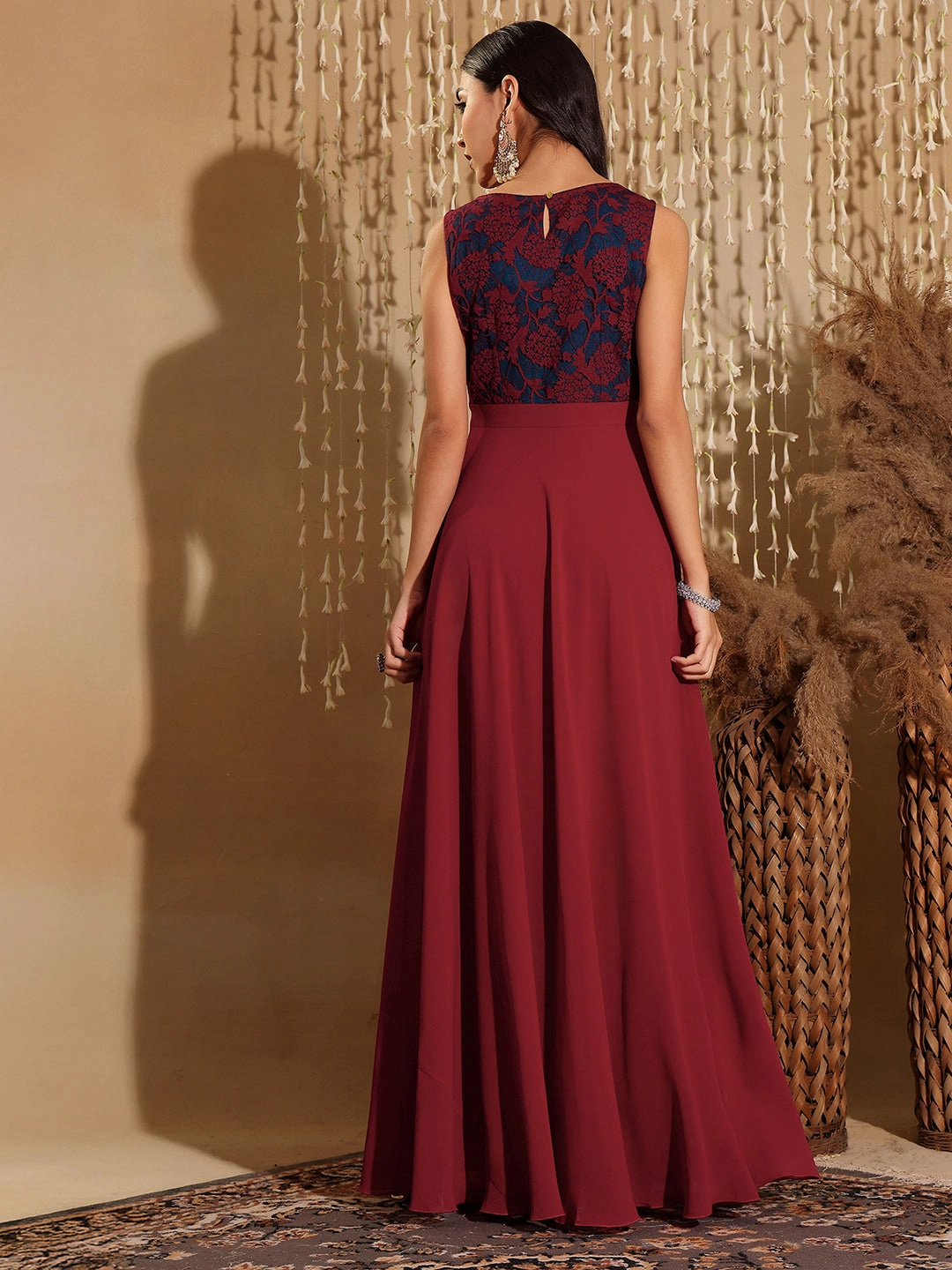 Semi Casual flattering appearance Women's Maroon & Teal Boat Neck Sleeveless Self Design Lace Overlaid Maxi Dress