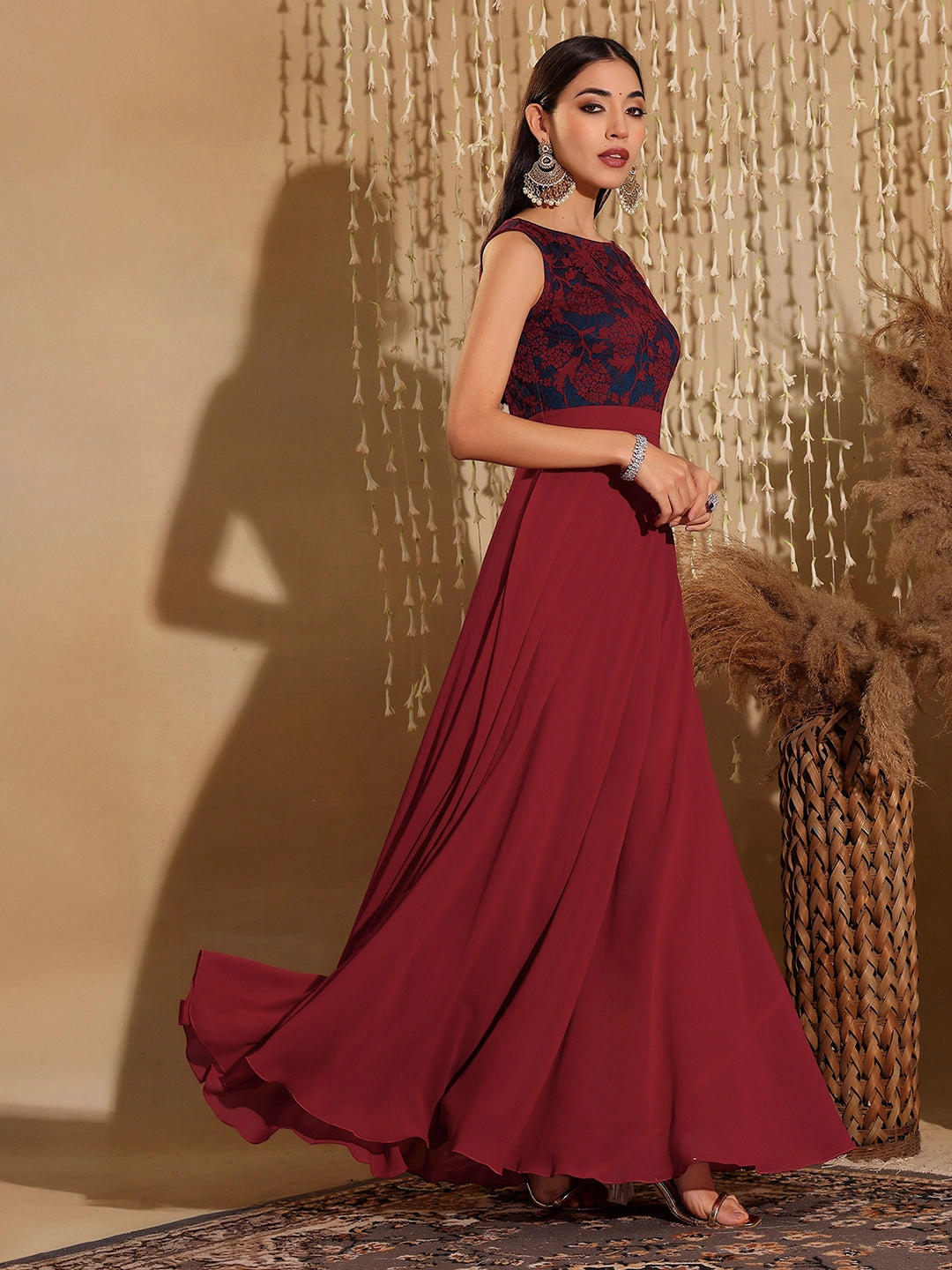 Versatile dress for layering Fit Mood Women's Maroon & Teal Boat Neck Sleeveless Self Design Lace Overlaid Maxi Dress
