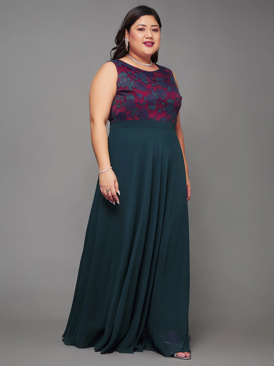 Body Bliss Teal Georgette & Lace Floral Fit & Flare Maxi Dress Love Glow All Season
