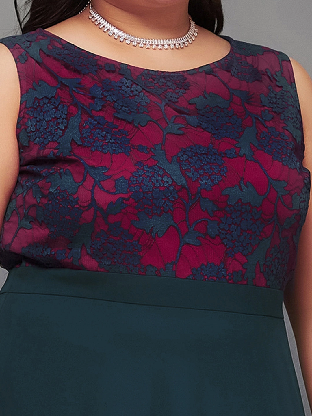 Printed-Fabric Body Bliss Teal Georgette & Lace Floral Fit & Flare Maxi Dress