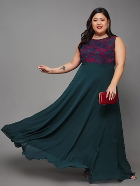 foldable Versatile occasion dress Body Bliss Teal Georgette & Lace Floral Fit & Flare Maxi Dress