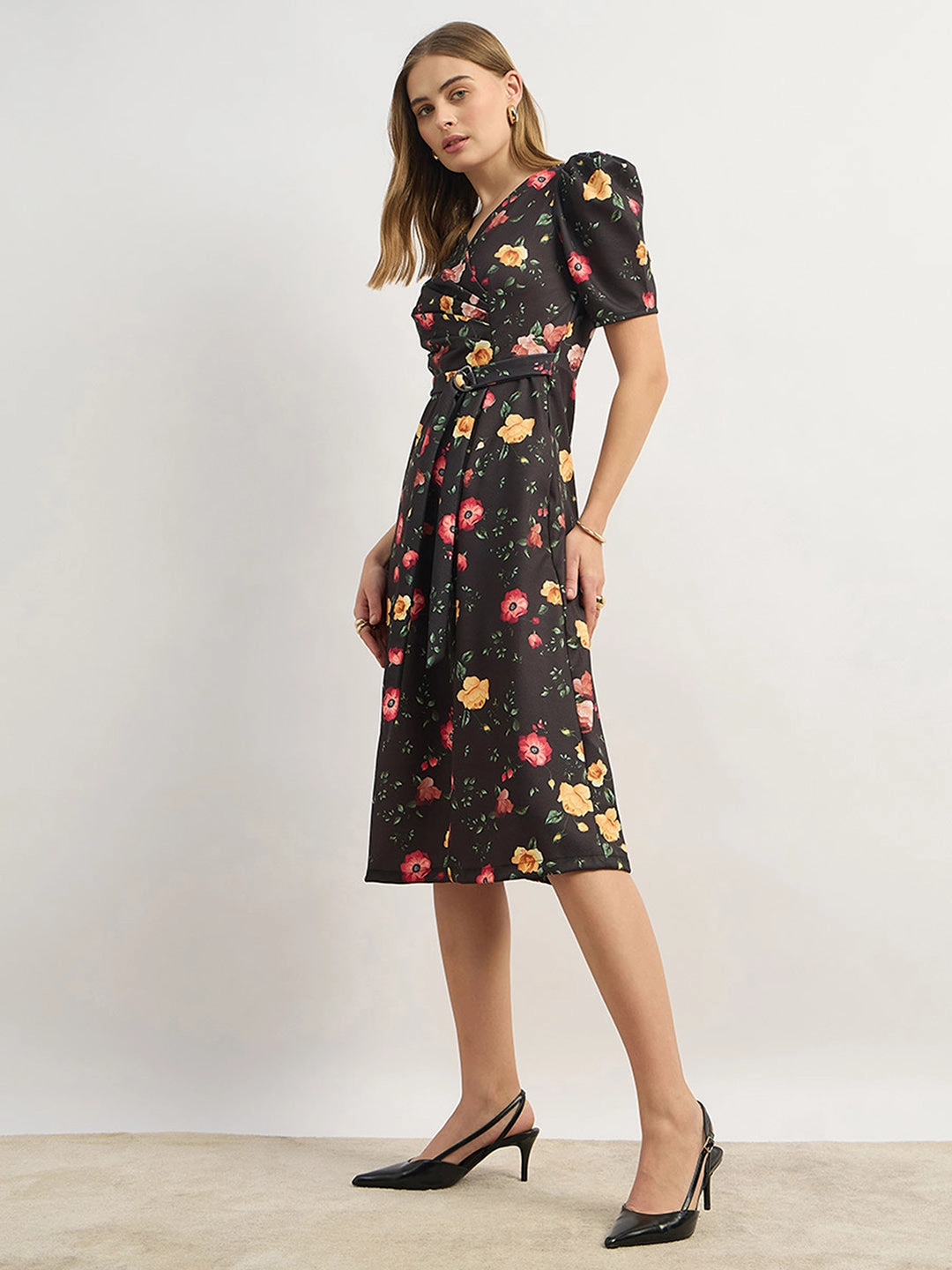 Pure Shape Chic Waistband Design Women's Multicolored-Base-Black V-Neck Pleated Puff Sleeve Floral Patterned Wrap Midi Polyester Dress
