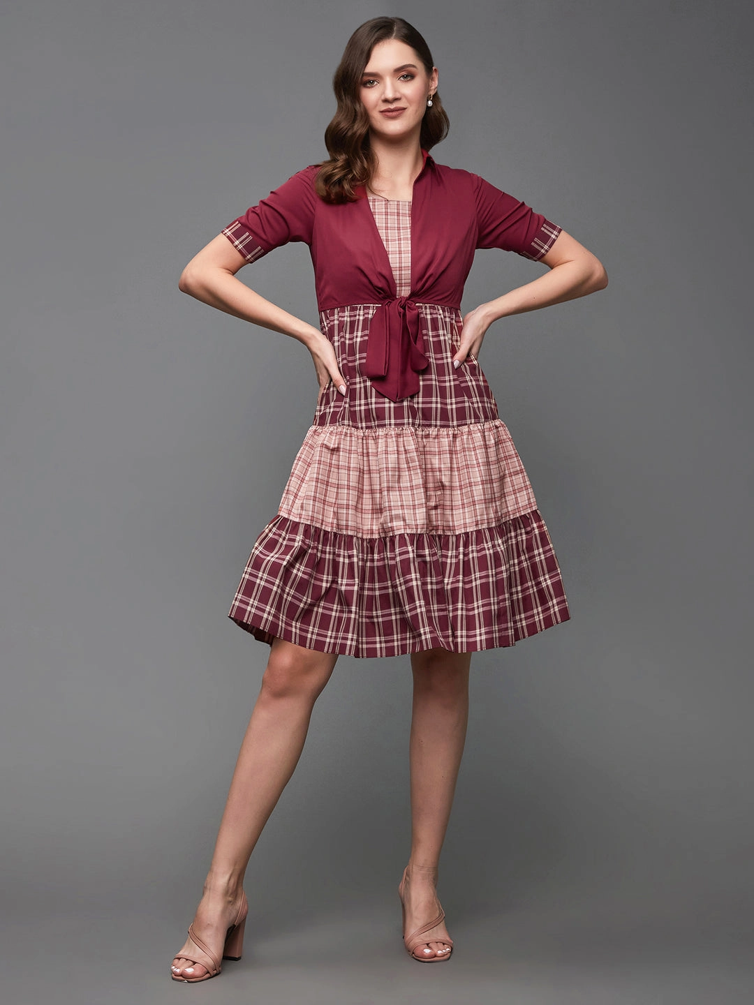 Monochrome Mood Women's Multicolored-Base-Maroon Checkered Shirt Collar Cuffed Sleeves Polyester Tiered Above-Knee Dress
