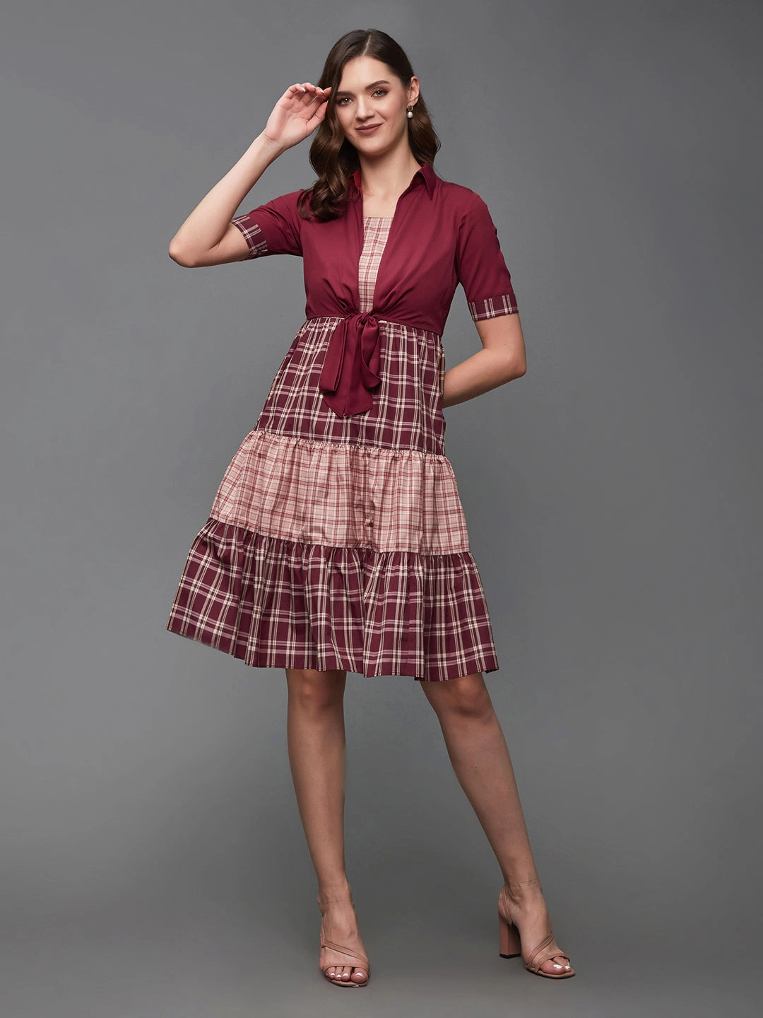 FoldablePackaging Women's Multicolored-Base-Maroon Checkered Shirt Collar Cuffed Sleeves Polyester Tiered Above-Knee Dress