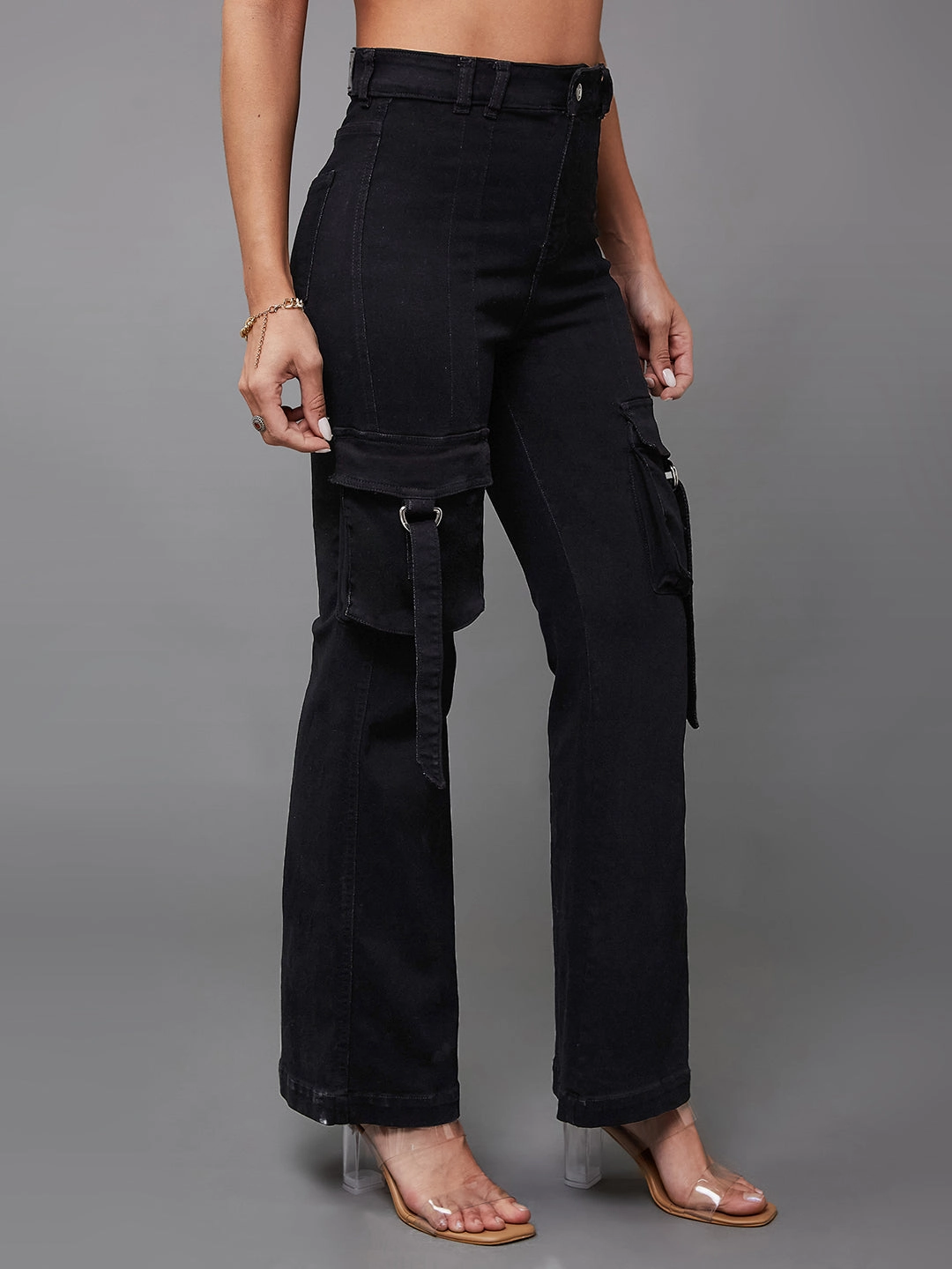24/7 Comfort Black Bell-Bottom Bootcut High-Rise Stretchable Denim Jeans Selvedge Denim