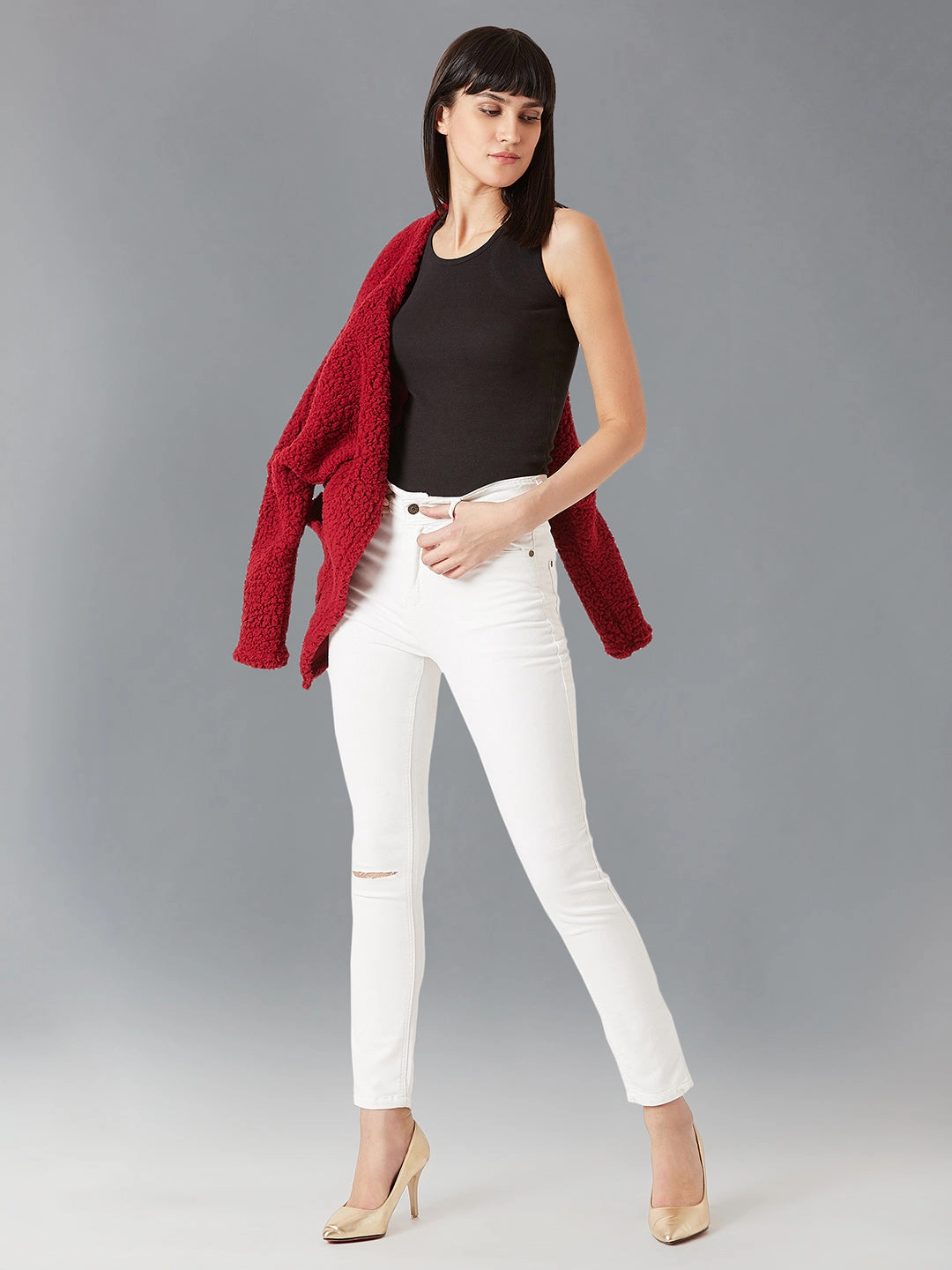 Sharp Edge Women's White Skinny High-Rise Knee-Slit Bleached Stretchable Denim Jeans