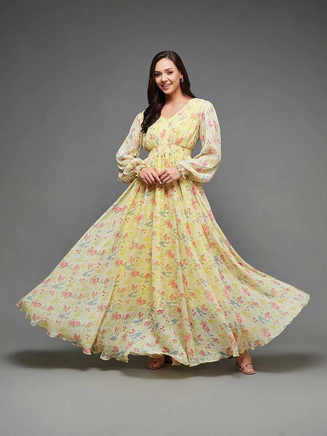 Women's Multicolored-Base-Lime Yellow V-Neck Bishop Sleeve Floral Gathered Chiffon Maxi Dress City Layers