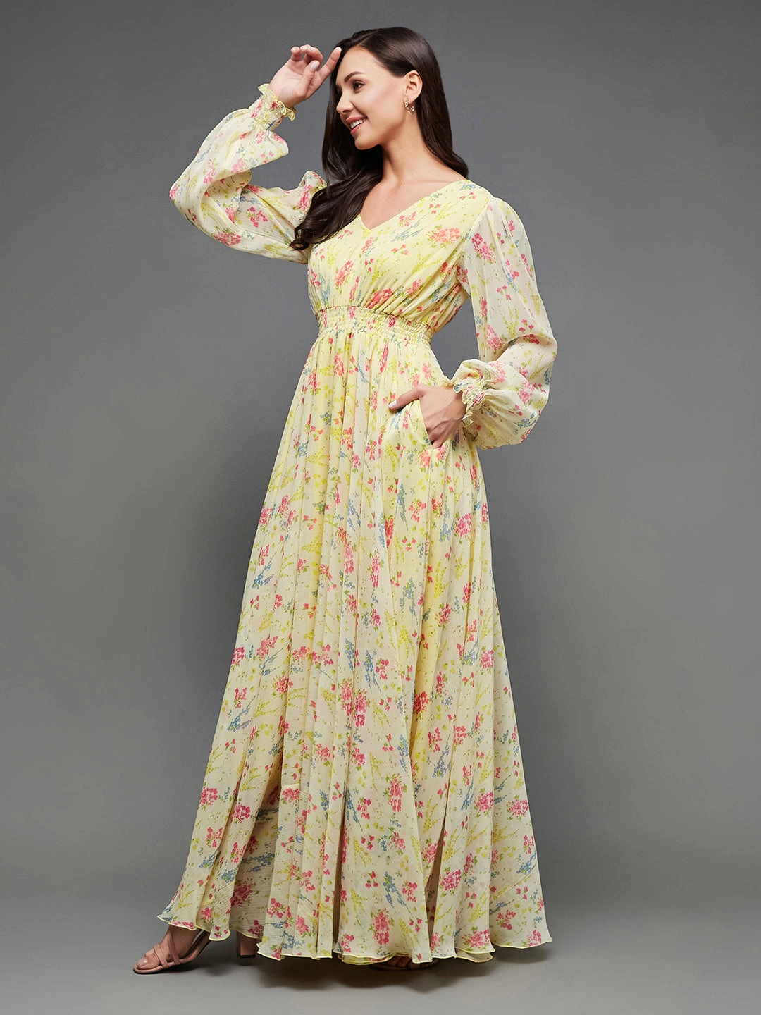 Premium Fabric Smart Design Women's Multicolored-Base-Lime Yellow V-Neck Bishop Sleeve Floral Gathered Chiffon Maxi Dress