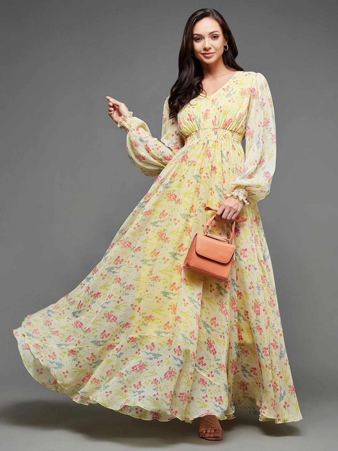 Relaxed Design Women's Multicolored-Base-Lime Yellow V-Neck Bishop Sleeve Floral Gathered Chiffon Maxi Dress