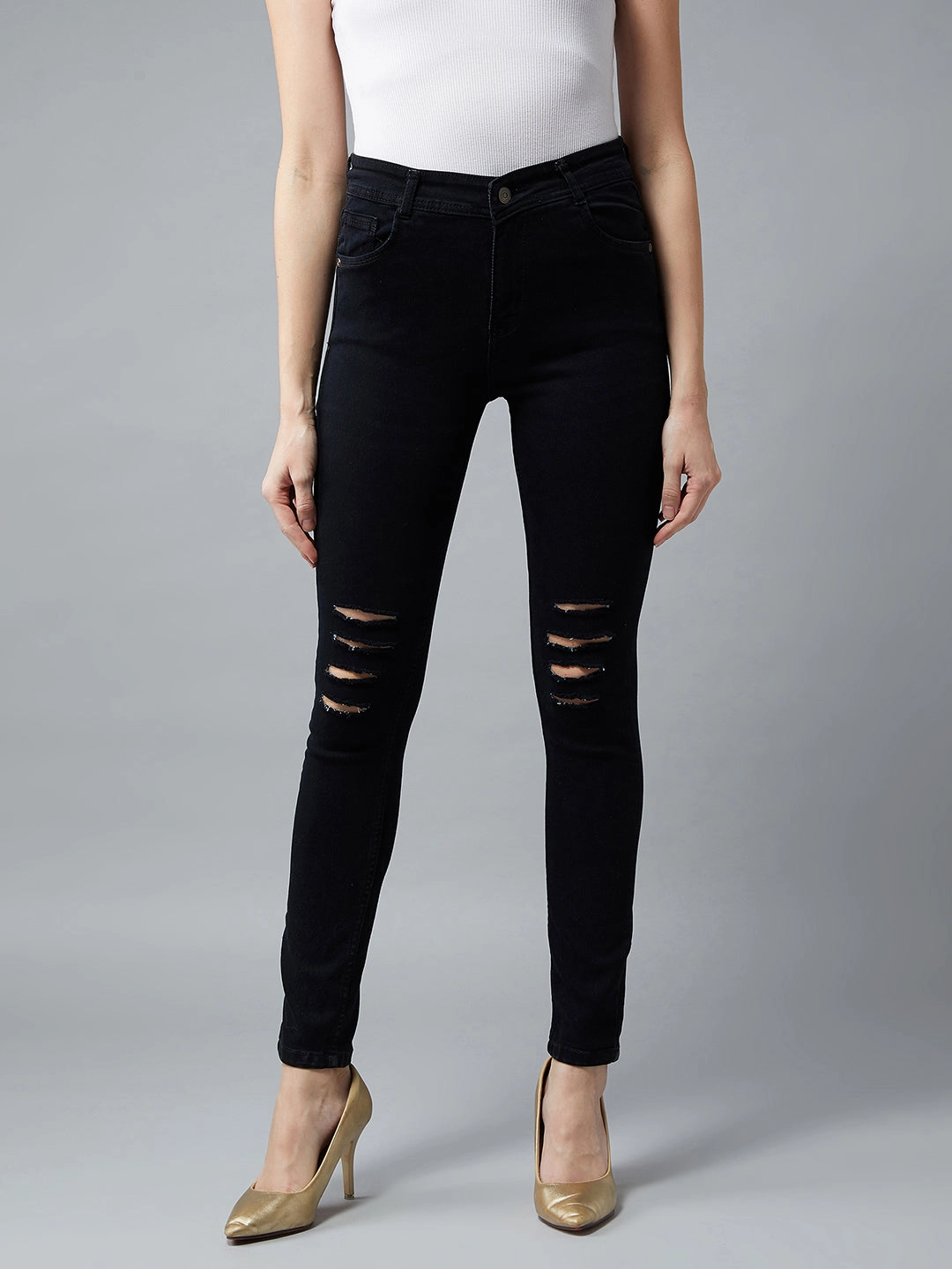 Relaxed Mood Luxury Student Outfit Women's Black Slim-Fit High-Rise Mild Distressed Ripped Stretchable Denim Jeans