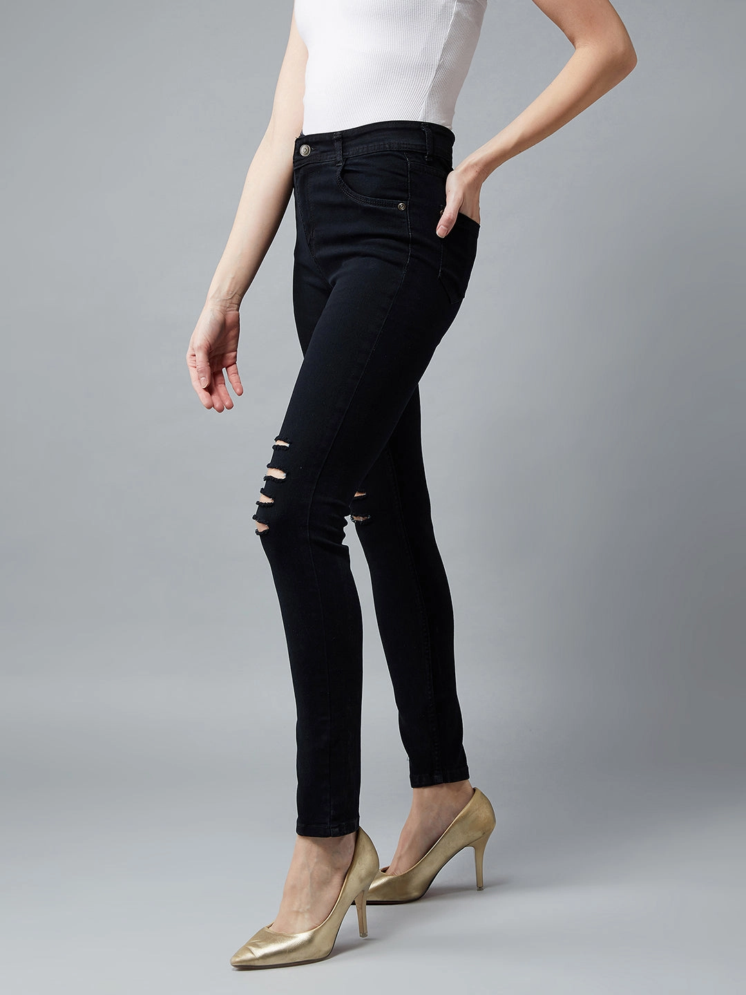 Women's Black Slim-Fit High-Rise Mild Distressed Ripped Stretchable Denim Jeans Fade Resistant Wash