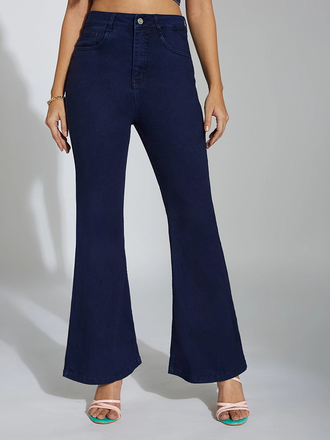 CHASEshape? Navy-Blue Bootcut High-Rise Denim Jeans Double Layered Knees Subtle design