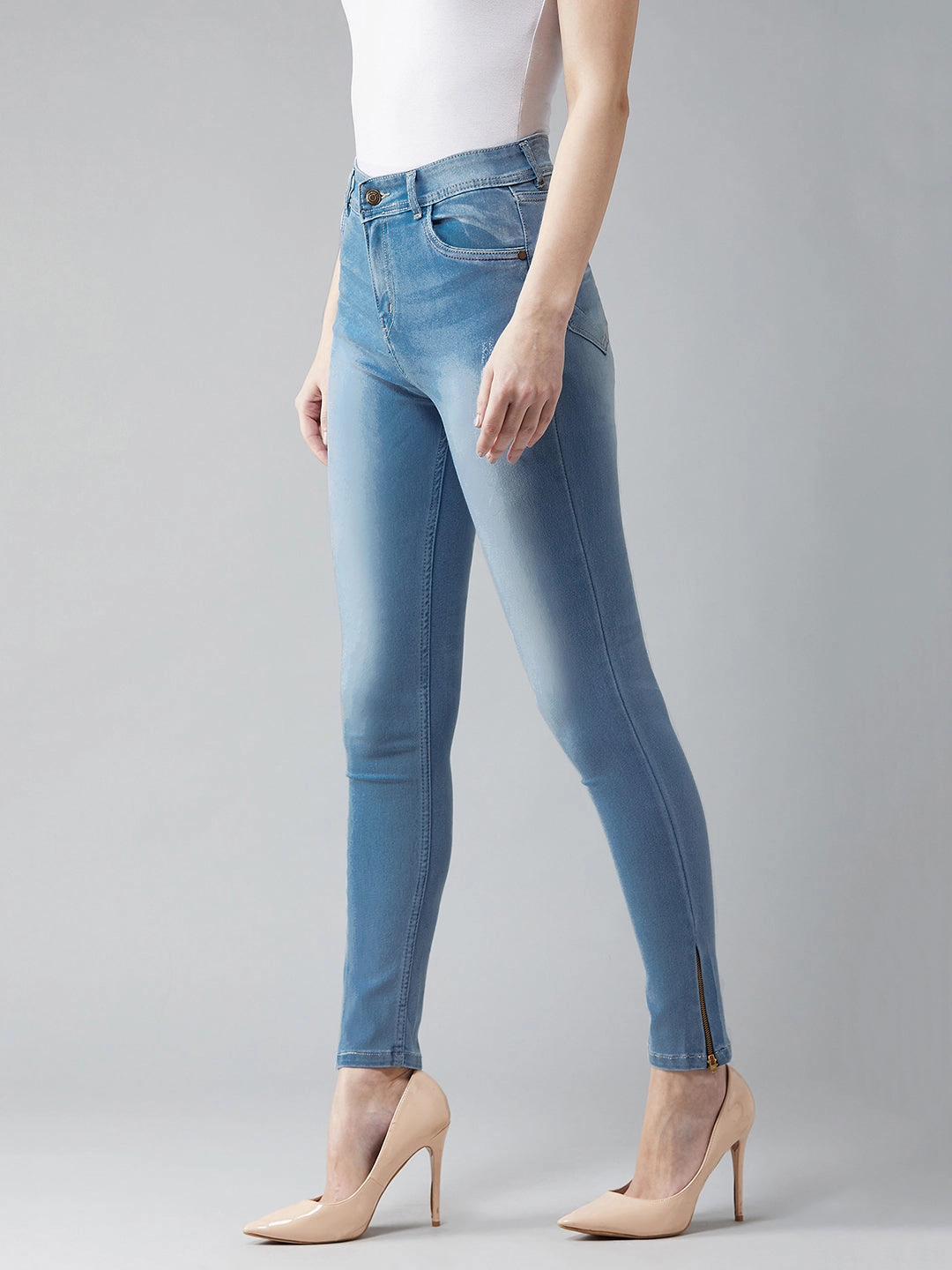 Women's Blue Skinny-Fit High-Rise Zipper Detailing Scraped Stretchable Denim Jeans Parent Style Evening Stroll Festival Outfit Timeless Feel