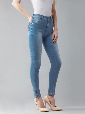 Outfit Plan Classic Gym Ready Women's Blue Skinny-Fit High-Rise Zipper Detailing Scraped Stretchable Denim Jeans