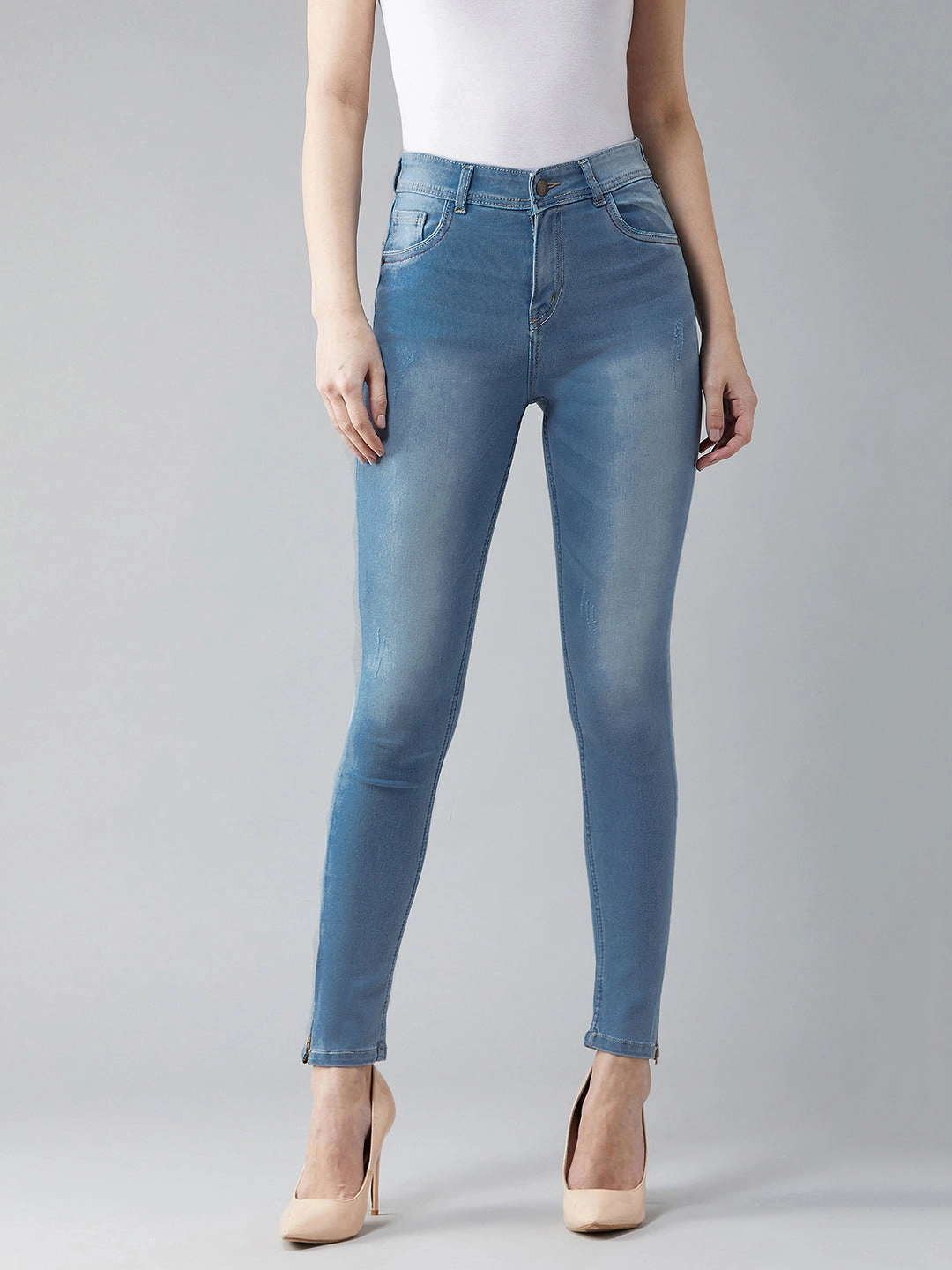 Cool Essential Women's Blue Skinny-Fit High-Rise Zipper Detailing Scraped Stretchable Denim Jeans