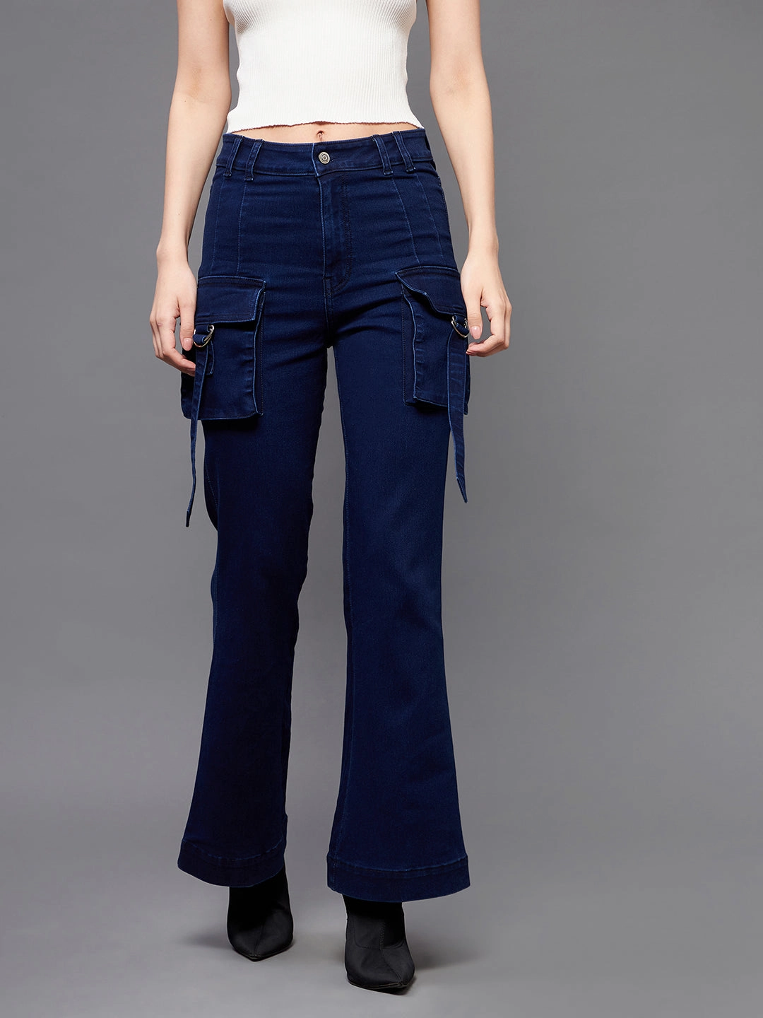 Textured Party Look Soft 24/7 Comfort Navy-Blue Bell-Bottom Bootcut High-Rise Stretchable Cargo Denim Jeans