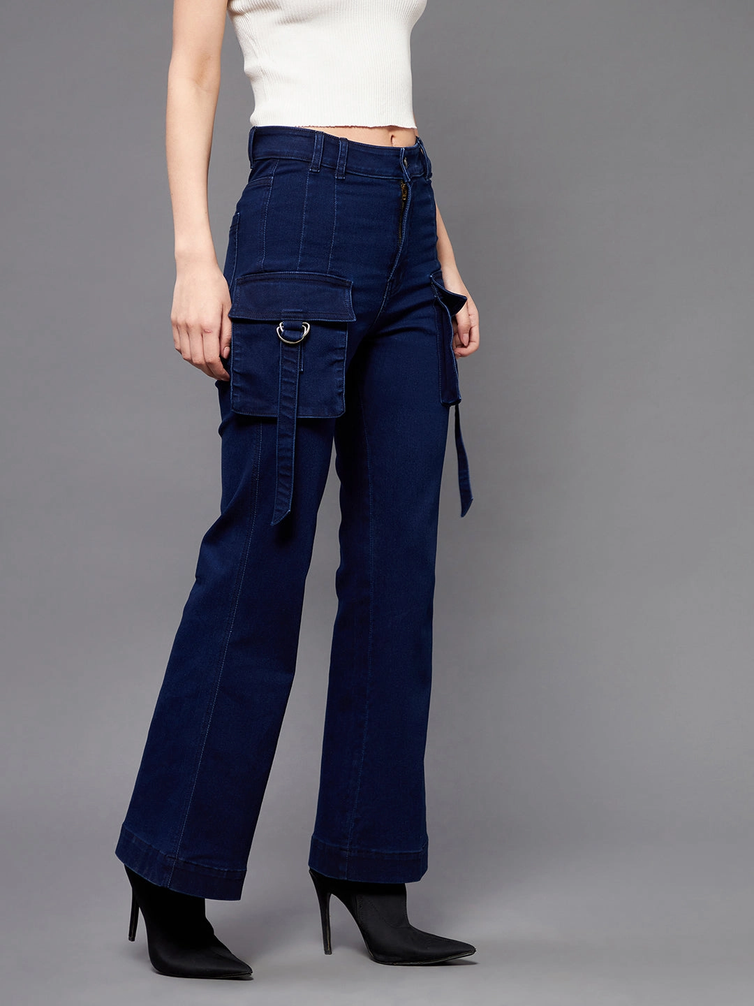 Anywhere Fit 24/7 Comfort Navy-Blue Bell-Bottom Bootcut High-Rise Stretchable Cargo Denim Jeans