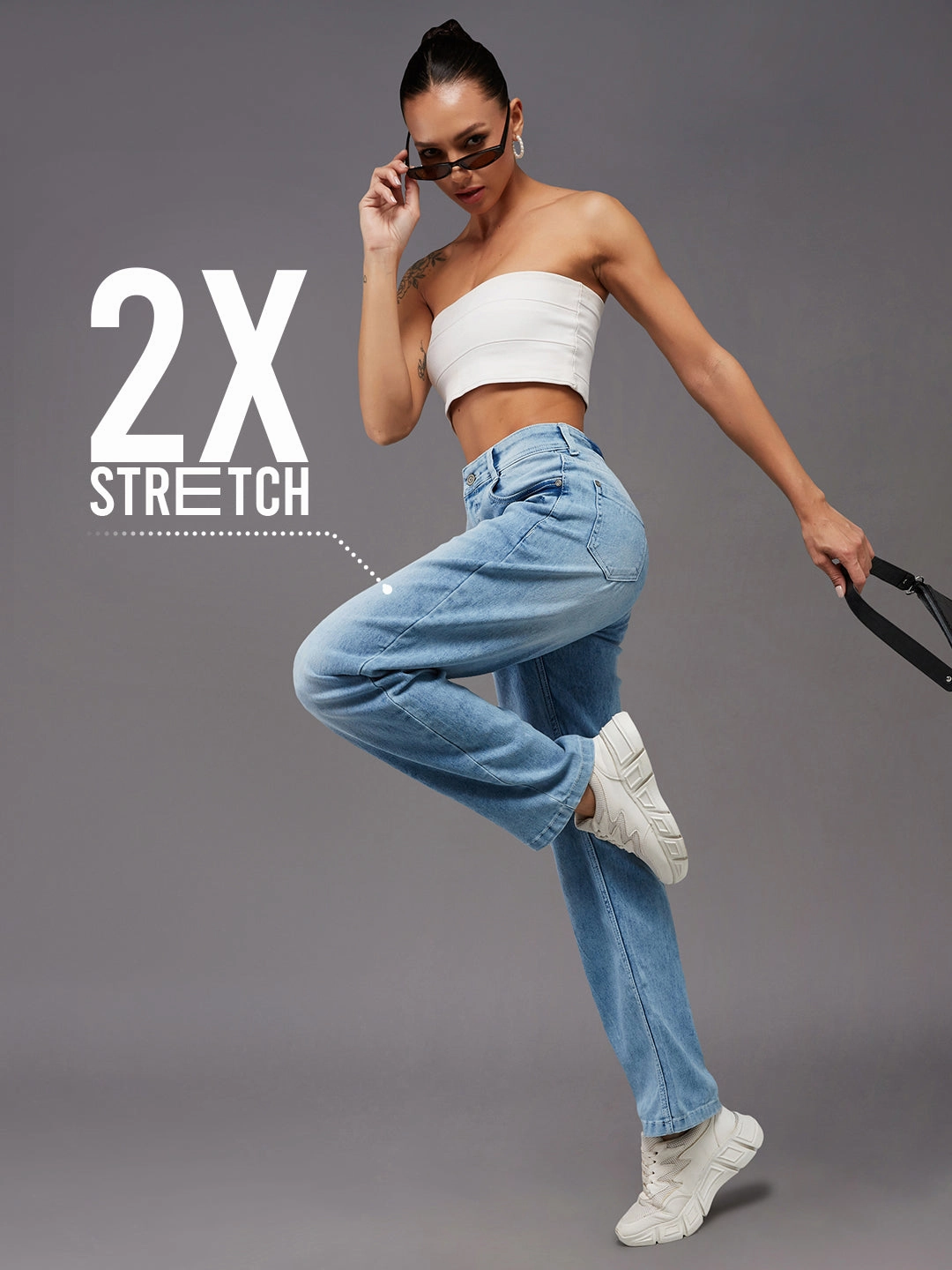 CHASEstretch? Light Blue Wide-Leg Fit High-Rise Denim Jeans Creative Look Elegant Road Trip Popular Staple
