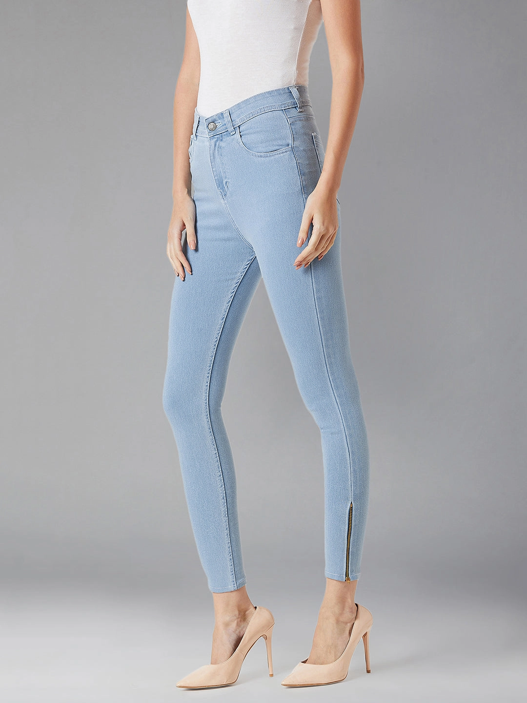 Fashion friendly Chic Design Women's Light Blue Skinny High-Rise Distressed Cropped Denim Jeans