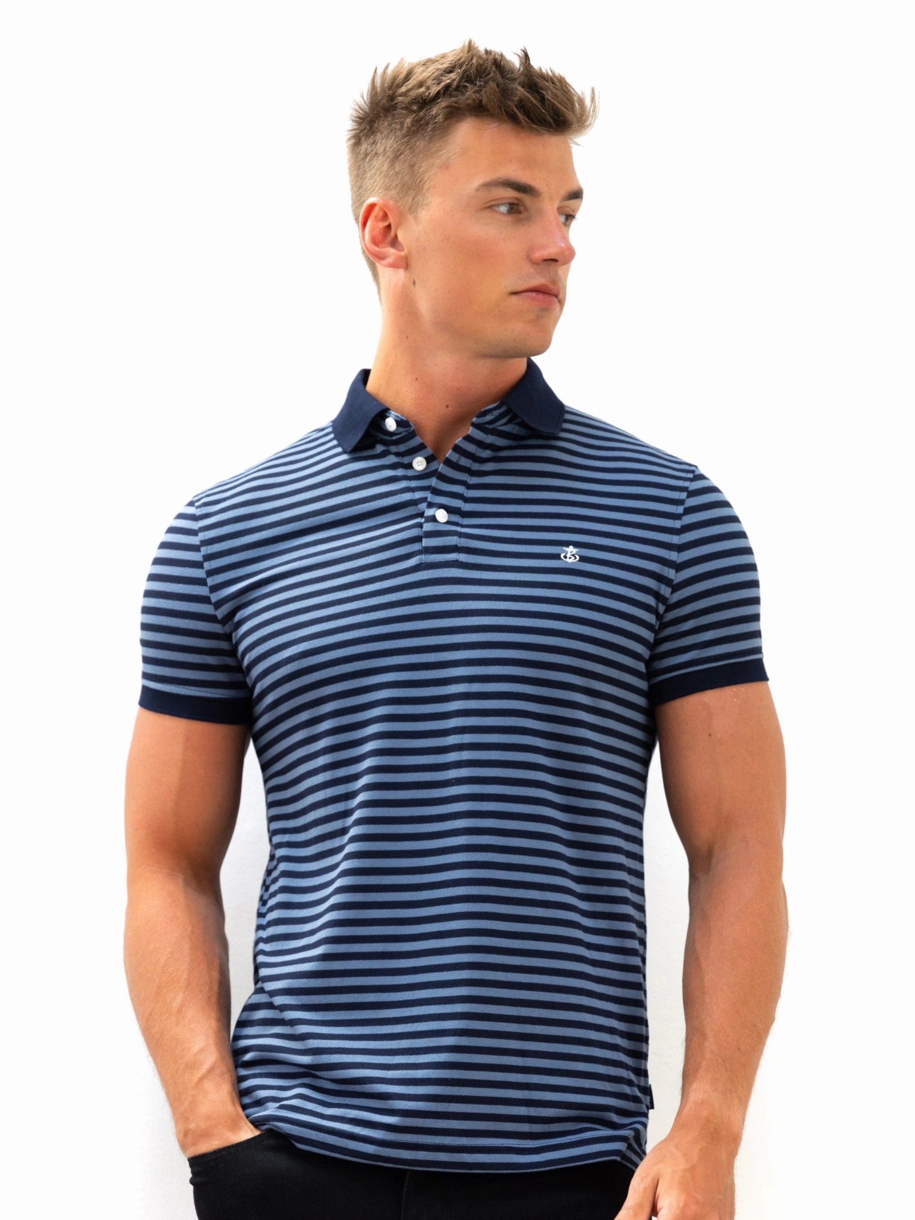Stripe Polo Shirt - Mid Navy EasyCare Fabric Workwear Casual