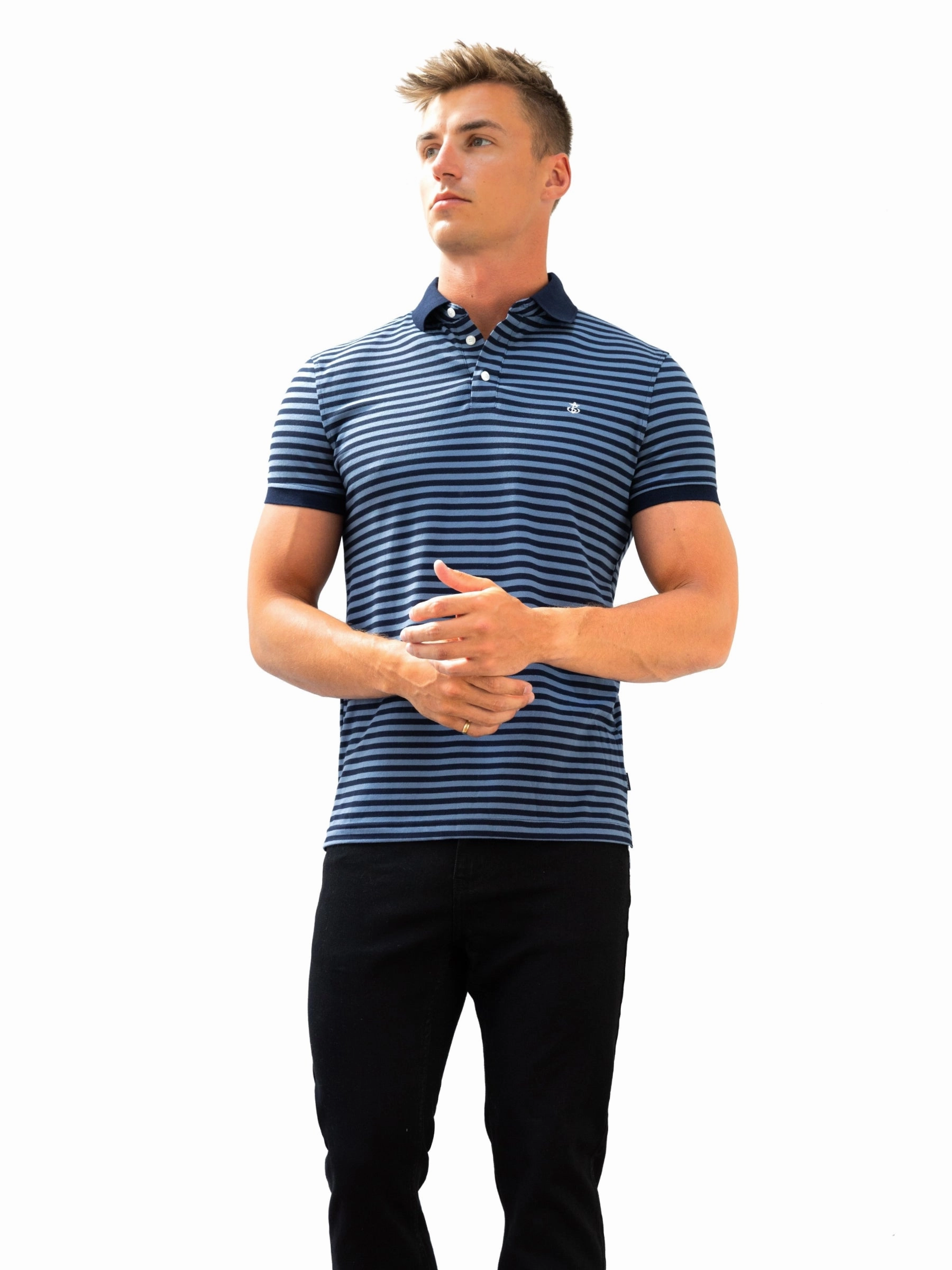 Mature Elegance Stripe Polo Shirt - Mid Navy