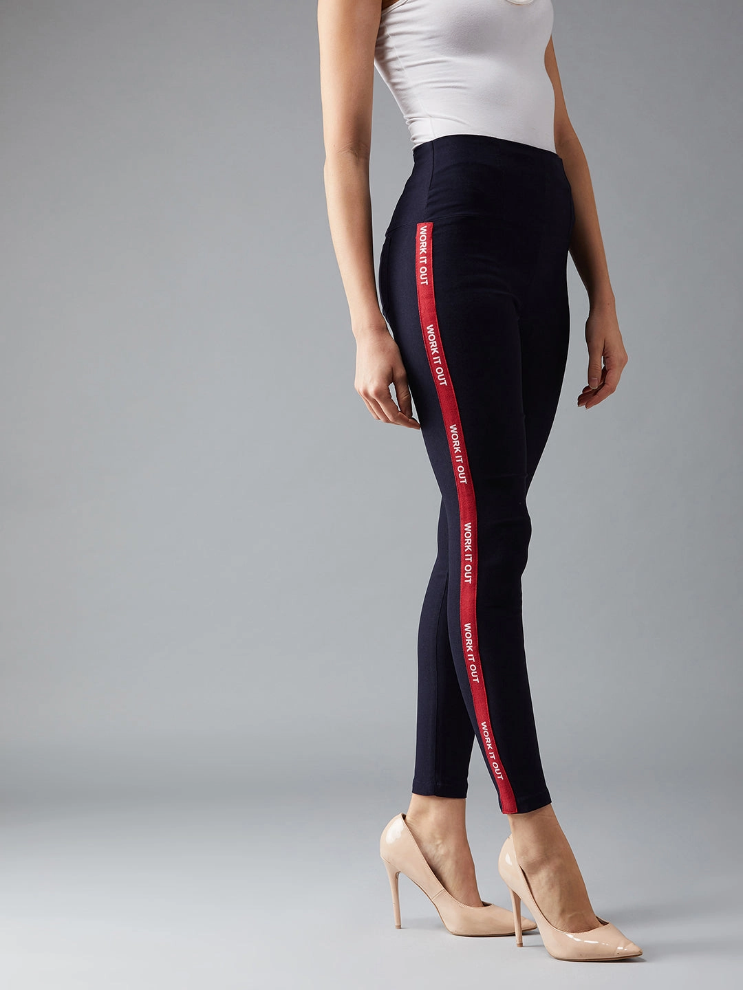 ReinforcedBeltLoops Chilly Day Ready Women's Navy Blue Twill Tape Detailing Solid High-Waist Regular Length Patch Pocket Treggings