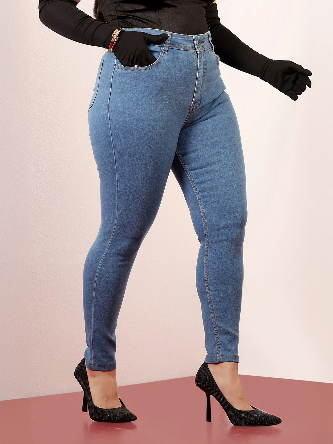 Women's Blue Solid Skinny High-Rise Clean-Look Cropped Fringe-Detailing Solid Stretchable Denim Jeans Universal Style Button Fly Closure