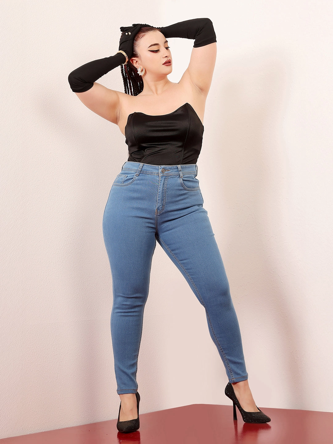 Color Lock Technology Women's Blue Solid Skinny High-Rise Clean-Look Cropped Fringe-Detailing Solid Stretchable Denim Jeans