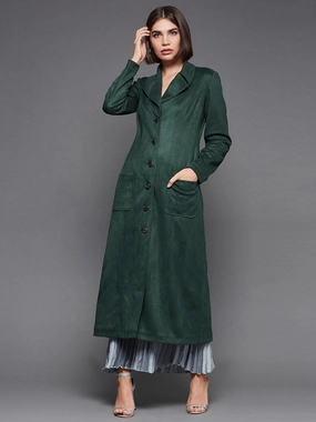 Women's Dark Green Solid V-Neck Full Sleeves Patched Pocketed Polyester Button Down Longline Winter Wear Blazer Jacket Anytime Outer Fit Stylish Comfort