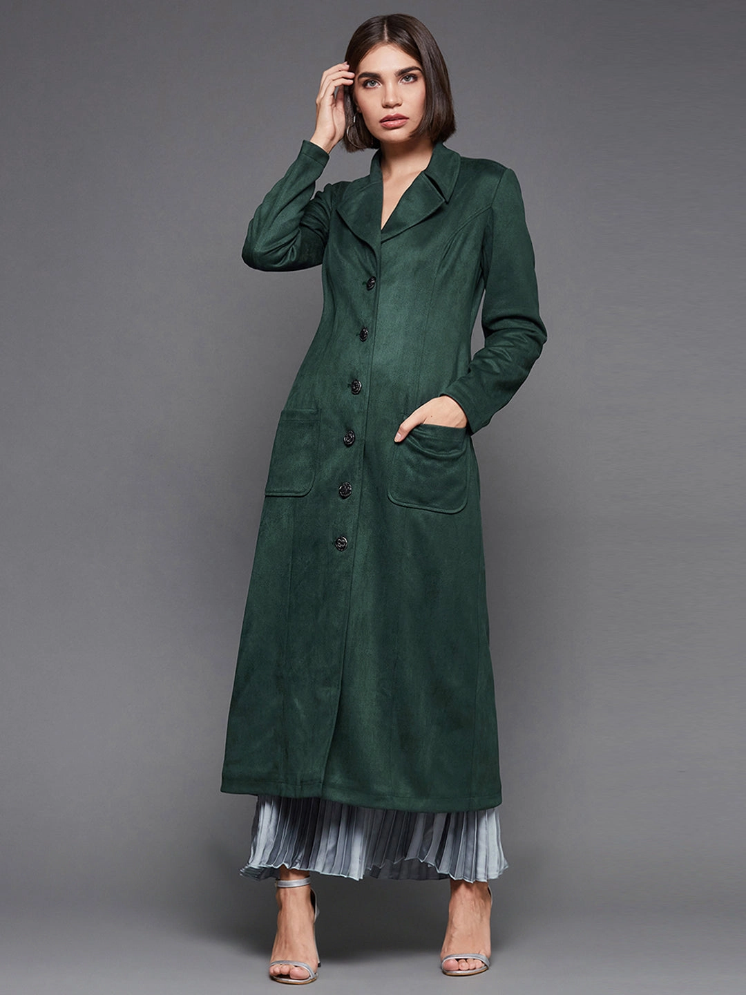 Women's Dark Green Solid V-Neck Full Sleeves Patched Pocketed Polyester Button Down Longline Winter Wear Blazer Jacket Anytime Outer Fit Stylish Comfort