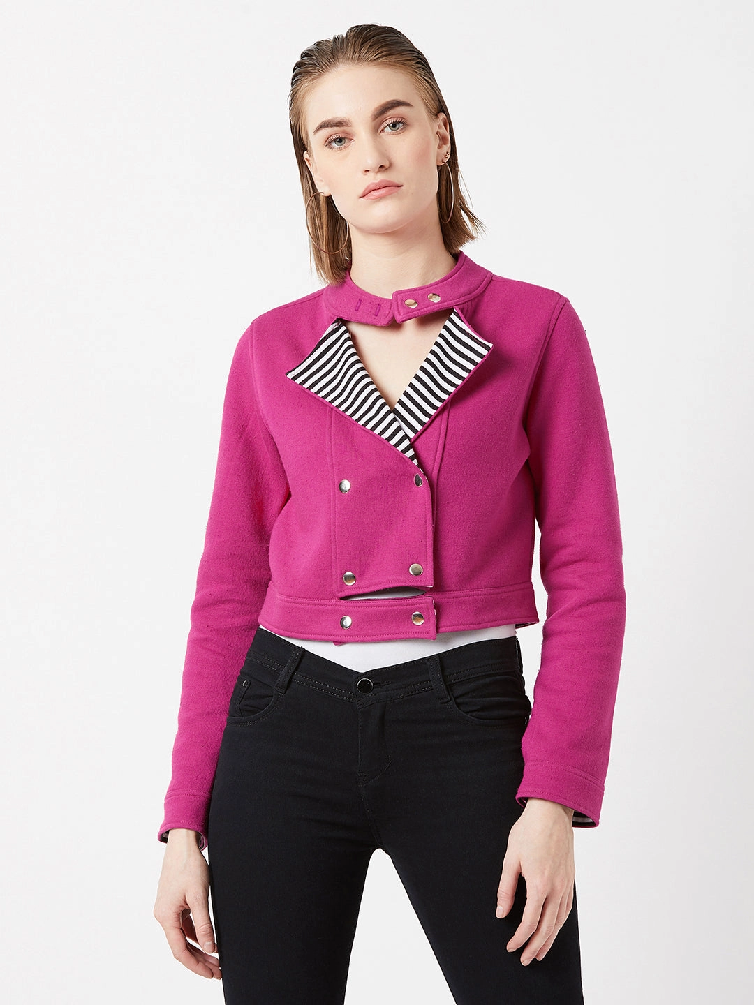 Women's Pink Round Neck Full Sleeves Solid Paneled Snap Button Detailing Cropped Jacket Simple Layers Stand Up Collar