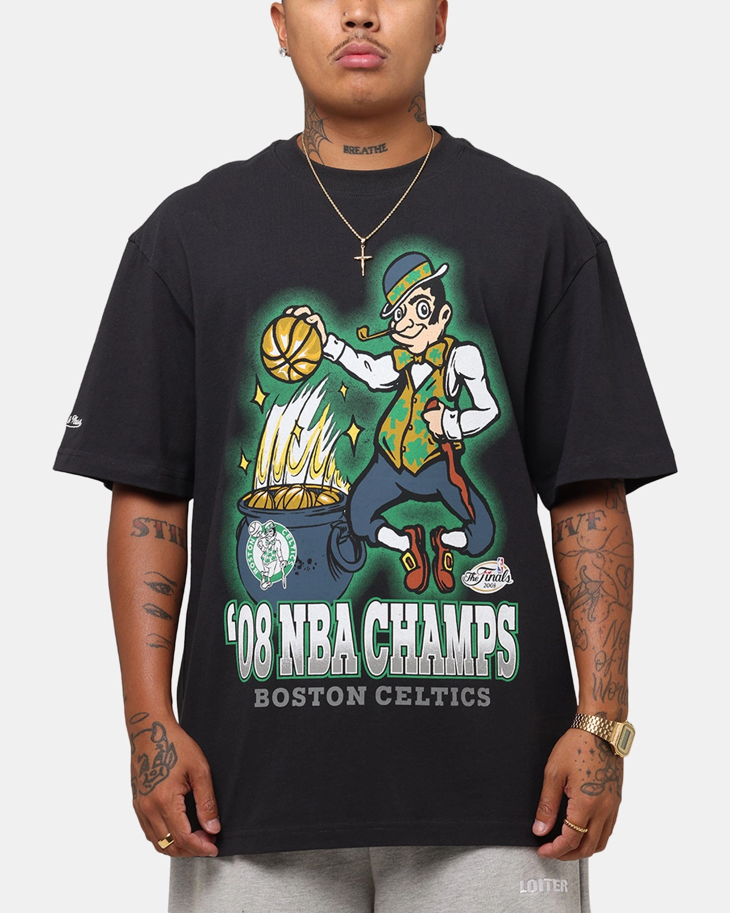 DurableCollarStays Moisture Wicking Material Mitchell & Ness Boston Celtics '08 NBA Champs T-Shirt Faded Black