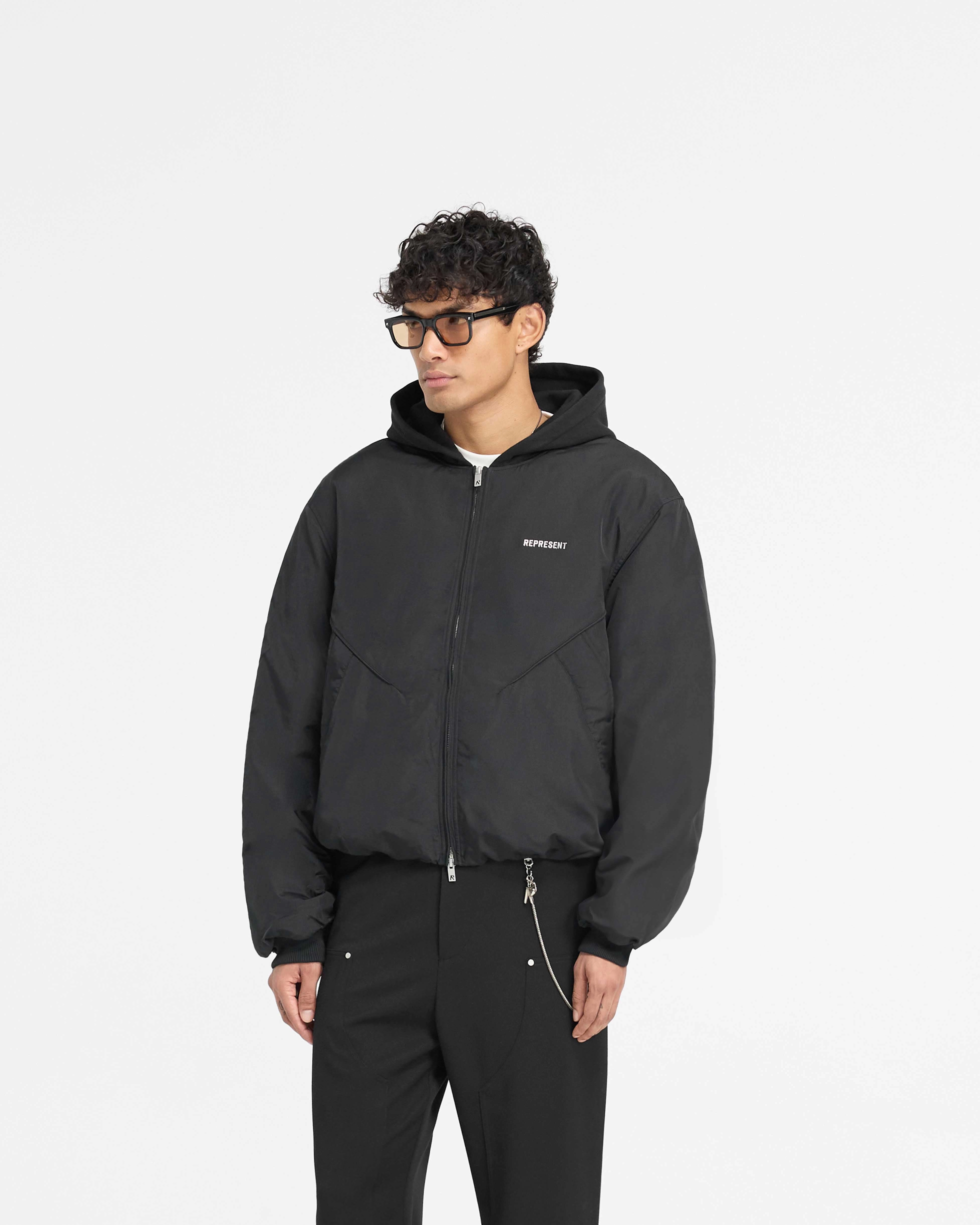 Quick Drying Nylon Hooded Bomber Jacket - Black