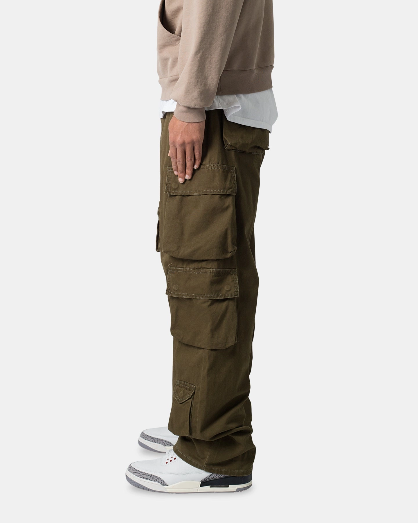Structured Hemline MNML Baggy Cargo Pants Washed Olive