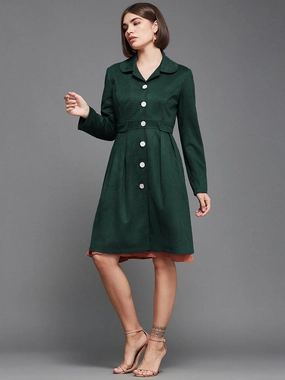 Layered Neckline Women's Dark Green Notch Full-Sleeve Solid Longline Flared Knee-Long Polyester Jacket