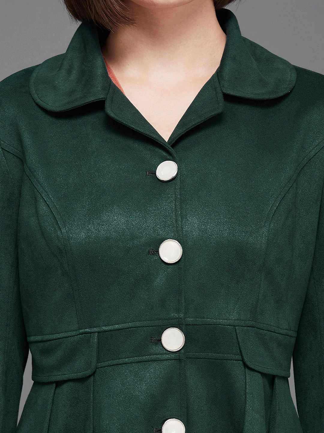 Women's Dark Green Notch Full-Sleeve Solid Longline Flared Knee-Long Polyester Jacket Elastic Cuff Adjustment