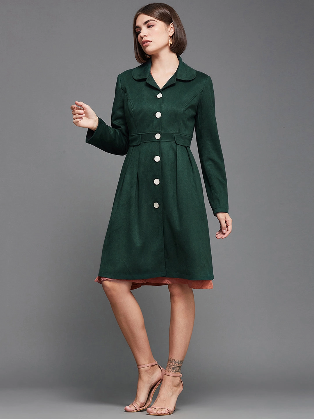 Layered Neckline Women's Dark Green Notch Full-Sleeve Solid Longline Flared Knee-Long Polyester Jacket
