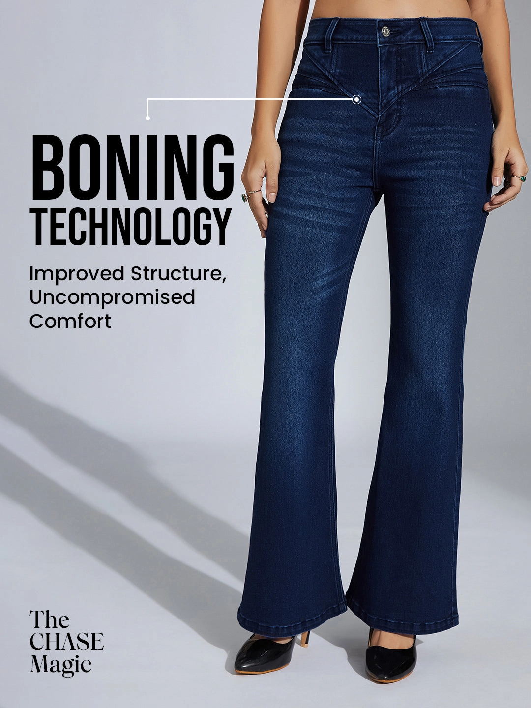 Smart Fit Design Minimalist Styling CHASEshape? Navy-Blue Bootcut High-Rise Stretchable Denim Pocket Jeans